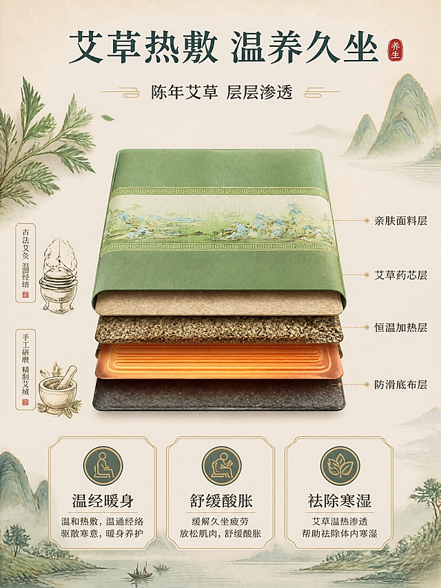 [商品] 使用【图2】千里江山古风艾草坐垫；展示坐垫剖面结构，可见内部艾草药芯层与加热层，保留外部青绿纹样外观；产品颜色和结构不变，仅做内部结构示意。
[画面] 目标：核心卖点展示，艾草热敷原理与养生功效。构图：中间为坐垫分层剖面示意图，周围环绕艾草叶片、古法中医元素（药碾、艾灸罐简笔图标），上方标题区，下方配功效说明。背景为浅米色宣纸纹理，点缀青绿山水笔触。主体占画面约55%，景别为产品特写+信息展示。
[视觉] 套系策略：风格=新中式国风商业摄影，雅致东方美学；标题字=宋体/书法体结合，端庄大气；正文字=简洁宋体，清秀易读；主色=石青+石绿（千里江山青绿）；背景延展=基于青绿山水做深浅晕染、宣纸纹理、云雾层次；强调色=赭石金，仅用于小面积图标、引线和装饰线条；标题色=深黛青；正文色=墨灰；组件=圆角古雅信息卡、细线云纹引线、印章元素；光影=柔和侧光，暖调自然光，营造温润雅致氛围。
[文字] 上方主标题"艾草热敷 温养久坐"，副标题"陈年艾草 层层渗透"，剖面旁用引线标注4层结构：亲肤面料层 | 艾草药芯层 | 恒温加热层 | 防滑底布层。下方列3大功效：温经暖身 | 舒缓酸胀 | 祛除寒湿。
[规格] 图片比例3:4竖版，4K，负向提示：避免医疗化承诺、疗效夸大、错字、文字过小、结构混乱、颜色偏差、现代科技感过强。