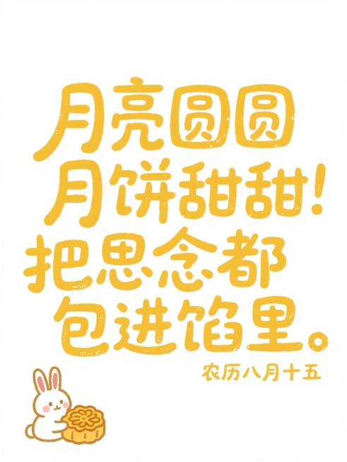 黄色调，满版大字“月亮圆圆 月饼甜甜 把思念都包进馅里。”，日期“农历八月十五”。左下角装饰稚嫩简笔涂鸦（可爱的小兔子在吃月饼），文艺排版。白色背景预览效果