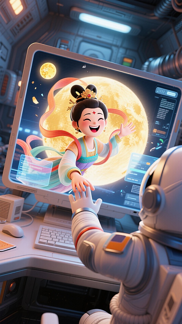 嫦娥面带笑容和宇航员在空间站工作，空间站背景，暖调配色，温馨的中秋氛围，动态感，大透视