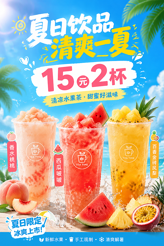 香水桃桃   西瓜啵啵  百香金砖凤梨   15元2杯，做张海报