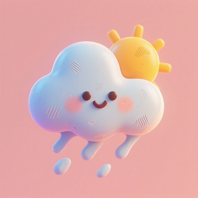 3D风格的可爱云朵与太阳拟人化设计，塑料质感带来童趣与温馨氛围。