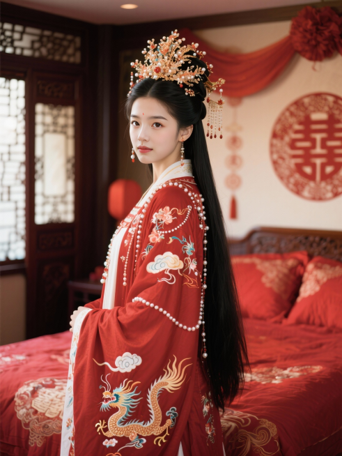 特写镜头，穿着唐代红色喜服少女，红色喜服绣有祥云、龙凤纹样，缀珠玉，头戴凤冠，尽显华丽，中式婚房。预览效果