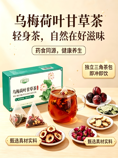 仅将图片主标题和包装盒上的“乌梅荷叶甘草饮”改成“乌梅荷叶甘草茶”，其余所有内容、构图、风格都保持不变预览效果