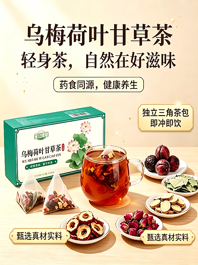 仅将图片主标题和包装盒上的“乌梅荷叶甘草饮”改成“乌梅荷叶甘草茶”，其余所有内容、构图、风格都保持不变