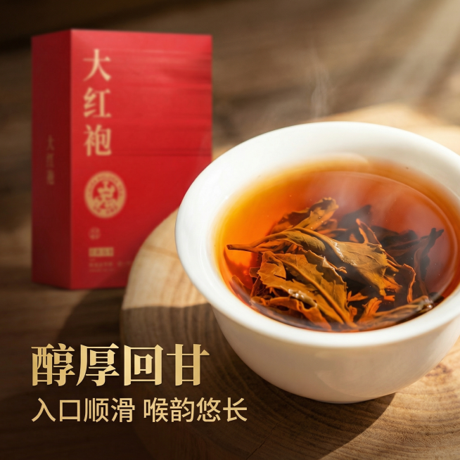 [主图 3] 大红袍口感细节展示主图
[氛围风格] 轻奢国风，自然通透质感，高级氛围感
[画面元素] 商业摄影质感、光线柔和通透、产品清晰真实、画面干净高级。特写展示冲泡好的大红袍茶汤，甘醇红亮，杯中预览效果