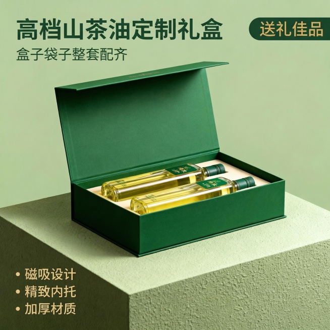 [主图 1]高档山茶油定制礼盒首图
[氛围/风格]田园简约风格，自然柔和光线，清新品质感
[画面元素]山茶油礼盒开盖展示两瓶油整体居中，礼盒放置在浅绿质感展示台上，背景为干净浅抹茶绿色，光线柔和通透，预览效果