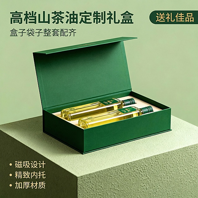 [主图 1]高档山茶油定制礼盒首图
[氛围/风格]田园简约风格，自然柔和光线，清新品质感
[画面元素]山茶油礼盒开盖展示两瓶油整体居中，礼盒放置在浅绿质感展示台上，背景为干净浅抹茶绿色，光线柔和通透，凸显油体的金黄色泽和礼盒绿色质感，整体画面干净高级无边框
[配色色系]主色调：浅抹茶绿，深翠绿；辅助色：金黄油色，米色内托
[视角构图]平视角度，景深适中，产品完整居中展示，无边框满铺
[文字版式]左上角大字 "高档山茶油定制礼盒"，副标题 "盒子袋子整套配齐"，右上角深绿底金字标签 "送礼佳品"，左下角四个小点文字依次排列 "磁吸设计 精致内托 加厚材质"；字体采用简约无衬线，深绿色文字在浅色背景上清晰醒目，不遮挡产品主体，保持安全边距
[比例分辨率]1:1比例，2k分辨率