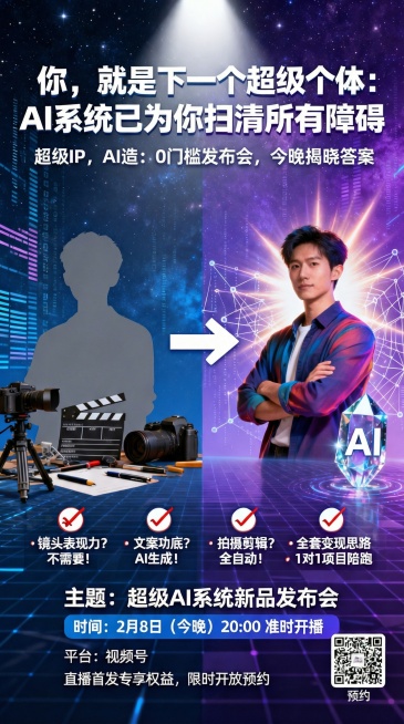 「图片1」把明晚改为今晚，上方文字下面增加一行：“超级IP，AI造：0门槛发布会，今晚揭晓答案预览效果