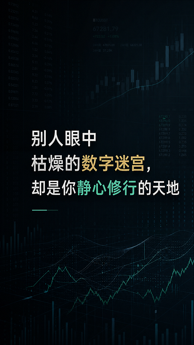 设计一张图文图片，文字内容："别人眼中枯燥的数字迷宫，却是你静心修行的天地"，深色简约金融风格，突出文字内容，搭配淡淡的电子屏幕和K线元素背景，保持和前几页一致的风格