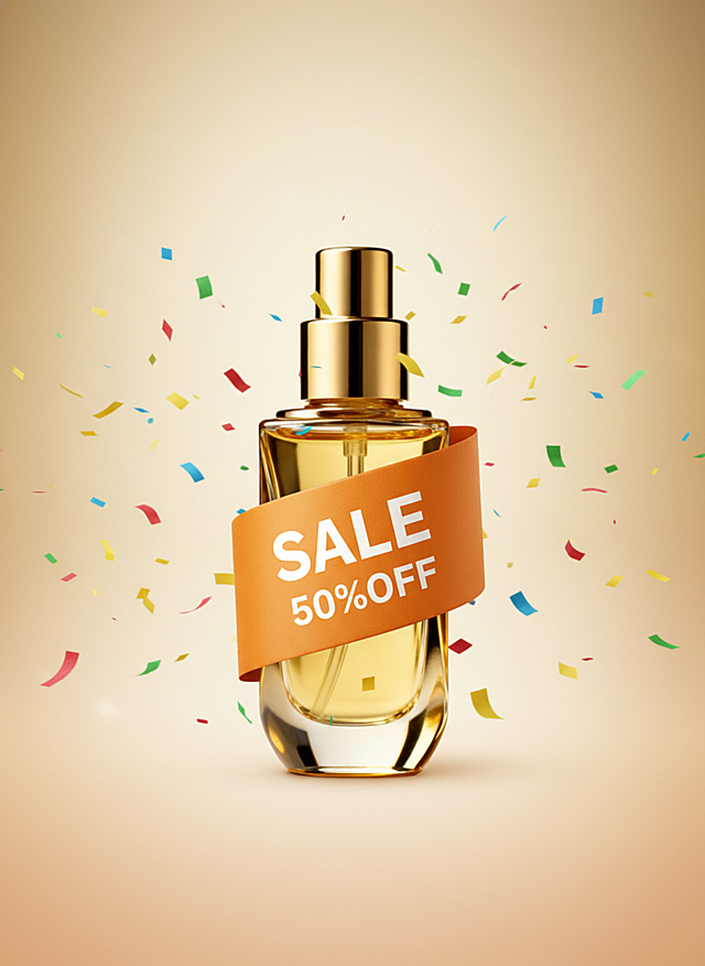 3D重拟物风格香水瓶，金属质感喷头，橙色促销带标注“SALE 50%OFF”，彩色纸屑飞舞，营造节日促销氛围。