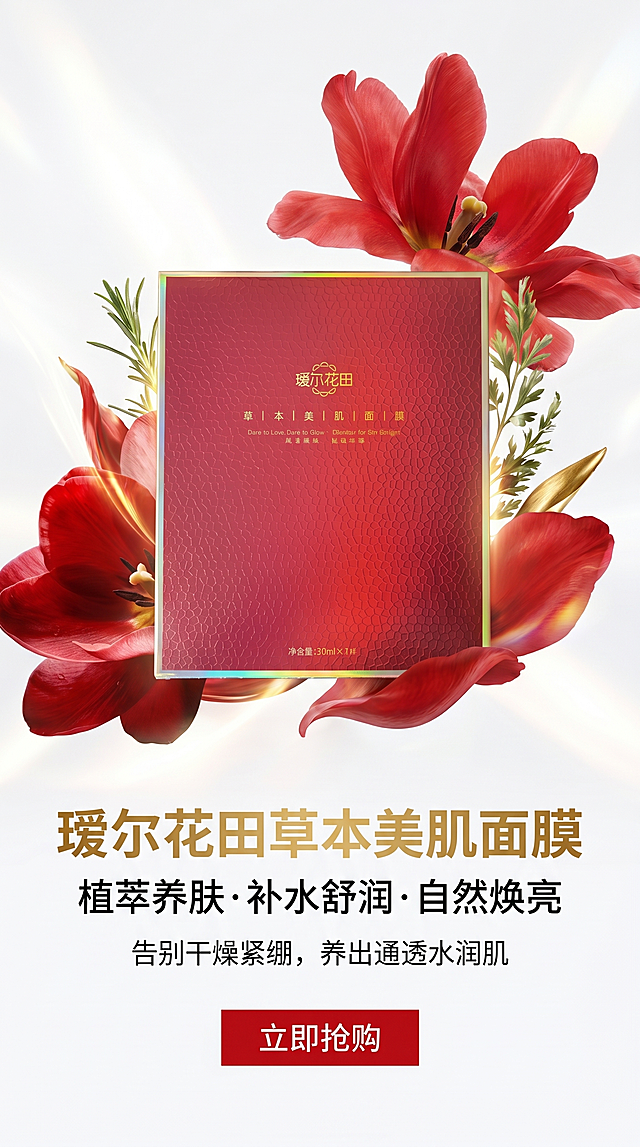 第1屏主视觉引流全屏主图，瑷尔花田草本美肌面膜整体放置在画面中，背景融入自然草本红花元素，整体配色为主红色+白色搭配，金色作为点缀，国际范时尚简约大气风格。保持产品红色包装盒外观、皮质纹理与输入产品图绝对一致，杜绝变形和色差。所有字体使用阿里巴巴无衬线字体，不做描边效果。文案居中居下排列，字体层级分明：主标题“瑷尔花田草本美肌面膜”最大号金色粗体，第二行“植萃养肤 · 补水舒润 · 自然焕亮”字号减半黑色，第三行“告别干燥紧绷，养出通透水润肌”字号再缩小黑色，底部红色矩形按钮“立即抢购”白色文字清晰突出，按钮文字无描边。9:16比例，商业摄影高级质感，光线柔和通透，画面干净高级，文字清晰不遮挡产品主体。负向提示词：变形，水印，文字错乱，产品模糊，背景杂乱，字体描边，配色错误