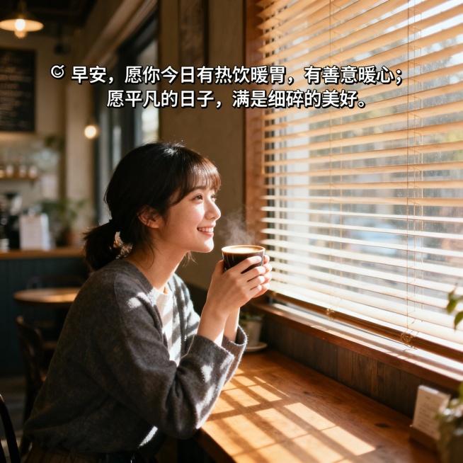 创作 200×200px 的早安图，背景是咖啡馆的窗边，阳光透过百叶窗洒在木质桌面上，一位女生捧着热咖啡微笑看向窗外。文字为 “☕ 早安，愿你今日有热饮暖胃，有善意暖心；愿平凡的日子，满是细碎的美好。预览效果