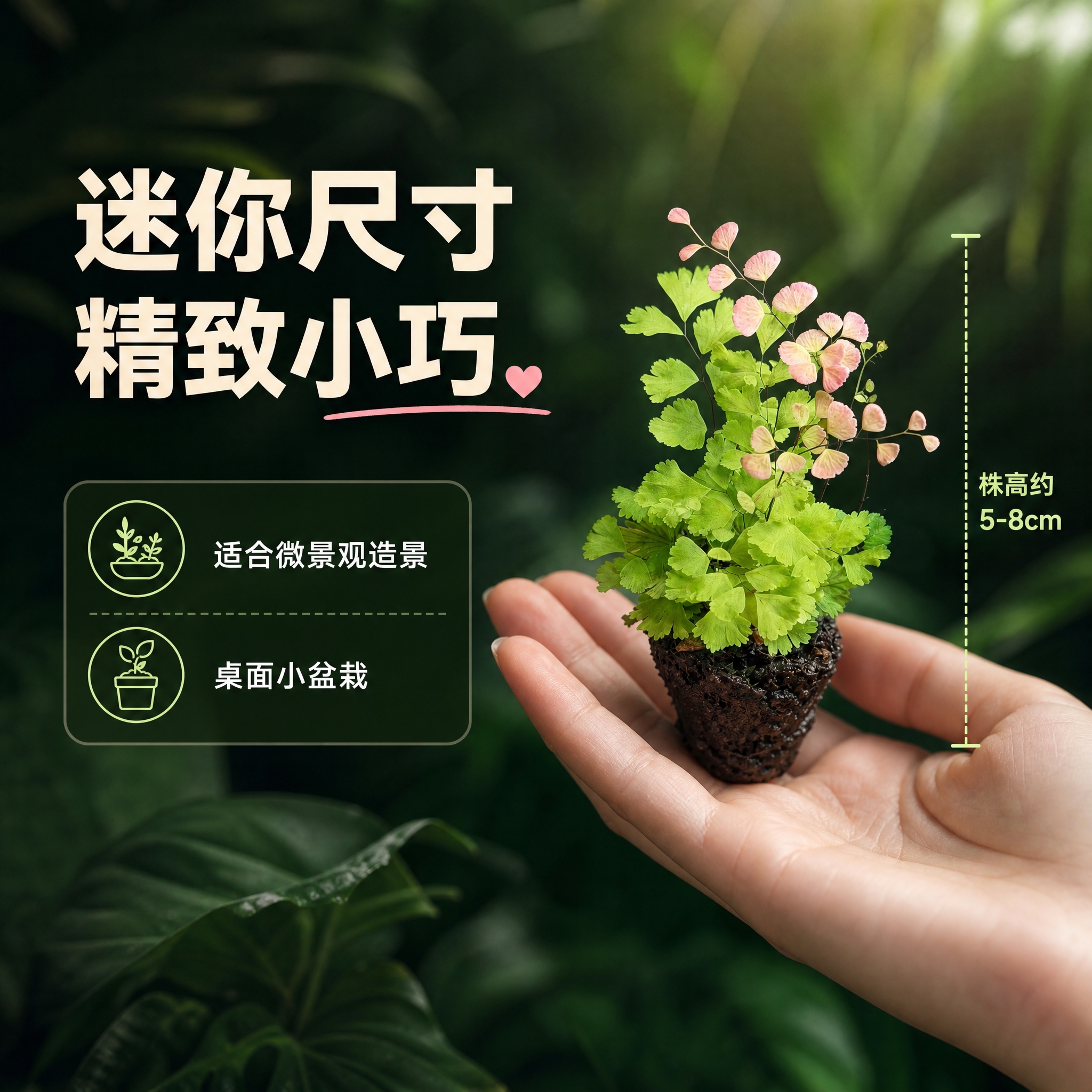 [主图-4] 尺寸大小参考图，展示柔情铁线蕨的迷你尺寸与手掌大… - 图片创意预览
