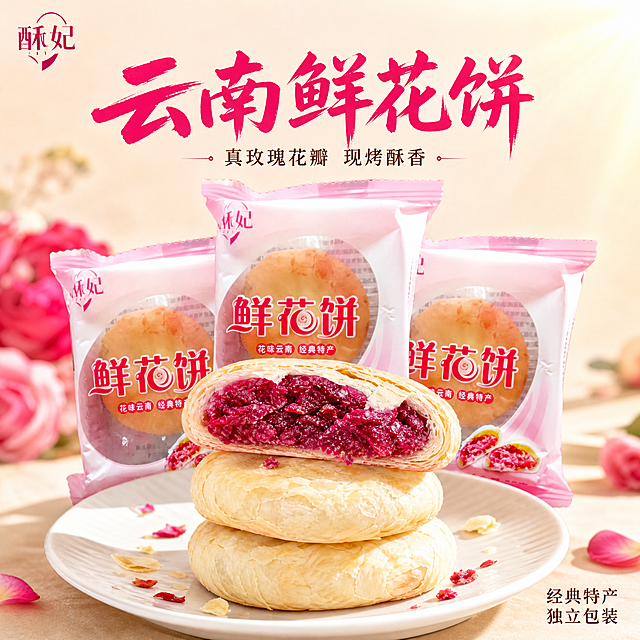 [主图-1] 首图点击率，诱惑食欲型鲜花饼主图，参考图2的多包堆叠+前景实物摆盘布局。
[统一基调] 国内电商食品风格，自然暖阳逆光，干净高级，浅米色柔焦背景，主标题用粗厚书法体玫红色，辅助文案深棕色，强调色玫瑰粉，整体温暖有食欲。
[画面] 画面后方堆叠3袋酥妃鲜花饼独立小包装（包装为粉白渐变，印有红色"鲜花饼"大字和"花味云南 经典特产"小字，包装上有酥妃品牌logo和圆形开窗露出饼身），呈前后错落排列，中间一袋稍高突出；前景下方摆放一个白色陶瓷圆盘，盘中堆叠3枚鲜花饼，最上方1枚被对半切开，露出饱满的深红色玫瑰花瓣内馅，酥皮层次分明，旁边散落少许酥皮碎屑；整体构图参考图2的后包前饼布局，产品占画面约70%。
[光影质感] 自然暖阳逆光从右上方洒下，在饼皮表面形成柔和高光，玫瑰内馅通透有光泽，酥皮呈现酥脆质感，盘底有自然接触阴影，商业美食摄影质感，高清细腻。
[配色] 背景浅米色渐变，主标题玫红色，辅助字深棕色，点缀玫瑰粉和金黄色，整体暖色调。
[文字版式] 左上角放置酥妃品牌logo小标；左上方主标题大字"云南鲜花饼"，下方副标题"真玫瑰花瓣 现烤酥香"，右下角小字"经典特产 独立包装"；文字不遮挡主体，放在负空间。
[输出要求] 1:1正方形，2048px，文字清晰，产品清晰完整，包装与输入图一致；负向：变形、错字、模糊、杂乱、水印、平台logo、悬浮、穿模、色差。