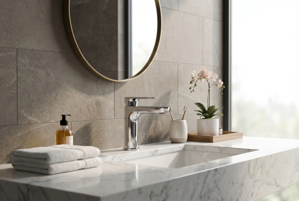 为这个镀铬水龙头替换背景为高端酒店浴室场景，整体风格高级简约，光线柔和自然，突出产品质感预览效果