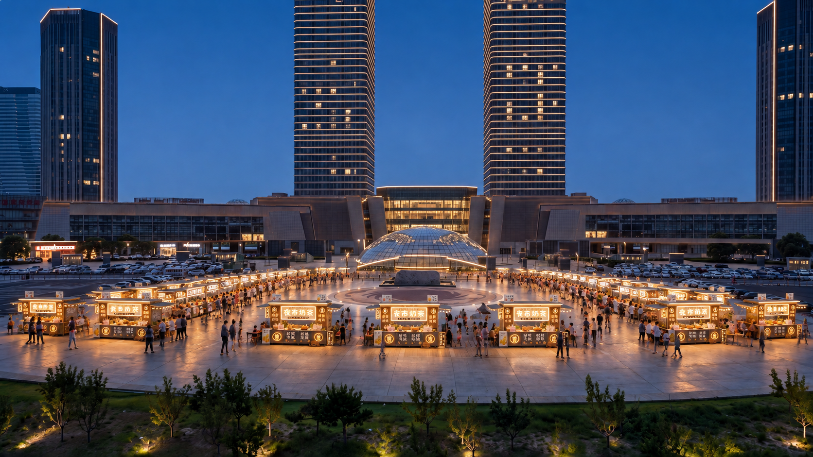 保持第二张城市广场夜景原图的整体布局、建筑、天空、地面、树木和… - 图片创意预览