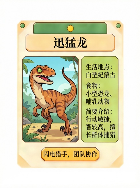 和参考图一样生成10张生成一张卡通恐龙图片要是和游戏卡片一样要有名称生活地点吃的食物等等要和参考图的布局一样并且是卡通风格预览效果