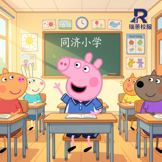 小猪佩奇穿着图片中的瑞蒽蓝色短袖校服，开开心心在同济小学教室上课的场景，画面右上角带有瑞蒽校服LOGO，卡通风格，明亮欢快预览效果