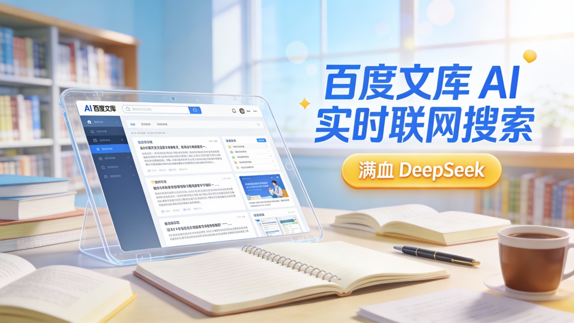 清新校园风广告图，版式活泼明快，右侧标题 “百度文库 AI 实时联网搜索” 用元气蓝字体，搭配暖黄色立体按钮 “满血 DeepSeek”。画面中央是摊开的笔记本与半透明平板电脑，平板屏幕显示 AI 搜预览效果