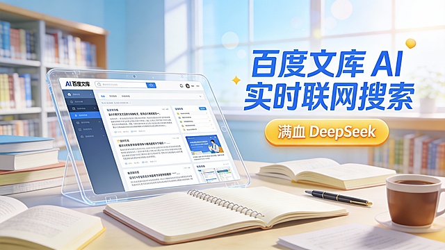 清新校园风广告图，版式活泼明快，右侧标题 “百度文库 AI 实时联网搜索” 用元气蓝字体，搭配暖黄色立体按钮 “满血 DeepSeek”。画面中央是摊开的笔记本与半透明平板电脑，平板屏幕显示 AI 搜索到的论文、课件等学习资料，周围散落着书本、钢笔、咖啡杯等校园元素。背景为明亮的图书馆靠窗场景，阳光透过窗户洒下柔和光斑。整体色彩以浅蓝、米白、暖黄为主，风格清新治愈，体现产品对学生群体的学习助力，适合校园推广海报。