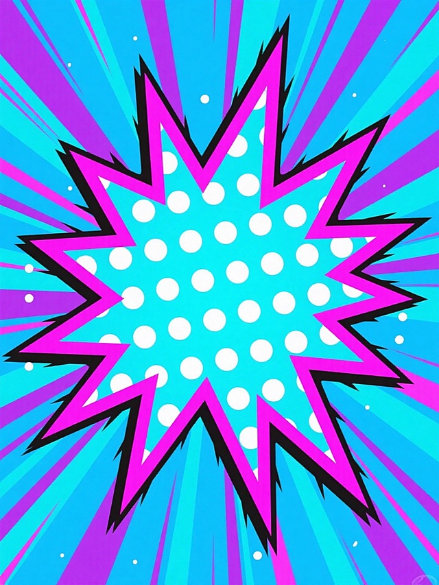 明亮的蓝色和紫色放射状线条从中心向外爆发，线条边缘带有尖锐的锯齿状，中心区域点缀着白色的半透明圆点图案，整体呈现出强烈的视觉冲击力和动感，色彩鲜明对比强烈，具有复古漫画风格的爆炸效果背景。