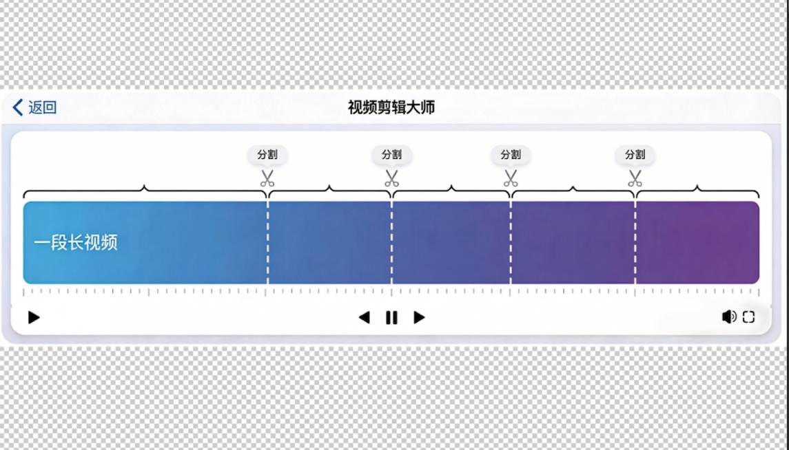 生成和参考图一模一样的界面，仅移除分割线下标注的数字0.1、0.2、0.3、0.4和0.6，保留视频剪辑大师标题、四段分割标识、进度条和播放器控件，保持整体样式、配色和排版不变预览效果