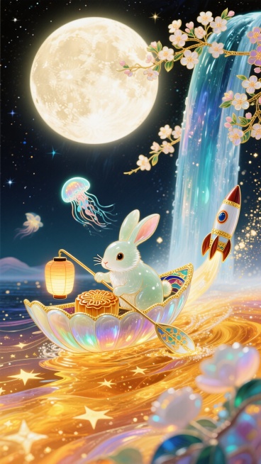 温馨可爱的奇幻插画，一只发光的玉兔驾驶着一艘玉贝壳小船，在一条由月光和蜂蜜构成的琥珀色星河上冒险。船头一个月饼像灯笼一样发出温暖的光，船尾一个月饼像火箭一样喷出闪闪发光的星尘。背景是巨大的月亮瀑布和深预览效果
