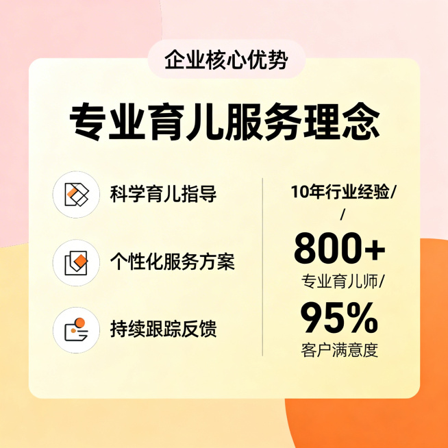 企业核心优势展示图，突出专业育儿服务理念，简洁现代设计，搭配图标和文字说明，柔和暖色调预览效果