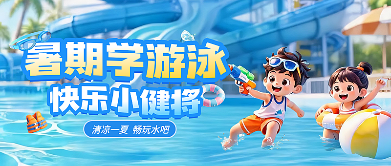 暑期少儿游泳班招生课程营销卡通感公众号首图