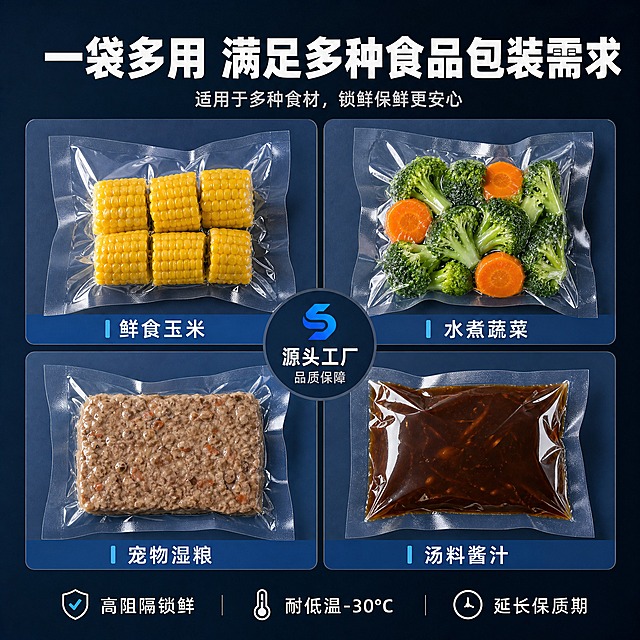 [主图-6] 多场景应用展示图，覆盖鲜食玉米、水煮蔬菜、宠物湿粮、汤料四大应用场景。
[统一基调] 1688 B端源头工厂风格，高级工业质感，深灰蓝色渐变背景，主标题白色粗黑体，副标题浅灰，强调色为科技蓝，整体简洁专业。
[画面] 画面采用2x2宫格布局，四个方格分别展示不同应用场景：左上格-鲜食玉米真空包装，金黄玉米段在透明袋中；右上格-水煮蔬菜真空包装，西兰花胡萝卜颜色鲜亮；左下格-宠物湿粮真空包装，肉泥状猫粮狗粮在袋中；右下格-汤料酱汁真空包装，深褐色汤汁在袋中。四个包装袋形态一致，均为长方形平袋，真空贴体效果真实。中央有产品logo或品牌标识区域。
[光影质感] 商业摄影质感，每个格子内光线均匀，袋身透明质感统一，食物颜色还原真实，整体色调和谐一致。
[配色] 背景深灰蓝，各格内食物本色丰富，袋子统一透明，文字白色+科技蓝。
[文字版式] 顶部大标题"一袋多用 满足多种食品包装需求"，每个方格下方分别标注"鲜食玉米""水煮蔬菜""宠物湿粮""汤料酱汁"，底部小字"高阻隔锁鲜 延长保质期"。
[输出要求] 比例1:1，2048x2048，四个场景清晰均衡，产品形态统一，禁止产品变形，禁止改变袋形，禁止出现宣传泡沫，禁止水印，禁止平台logo。