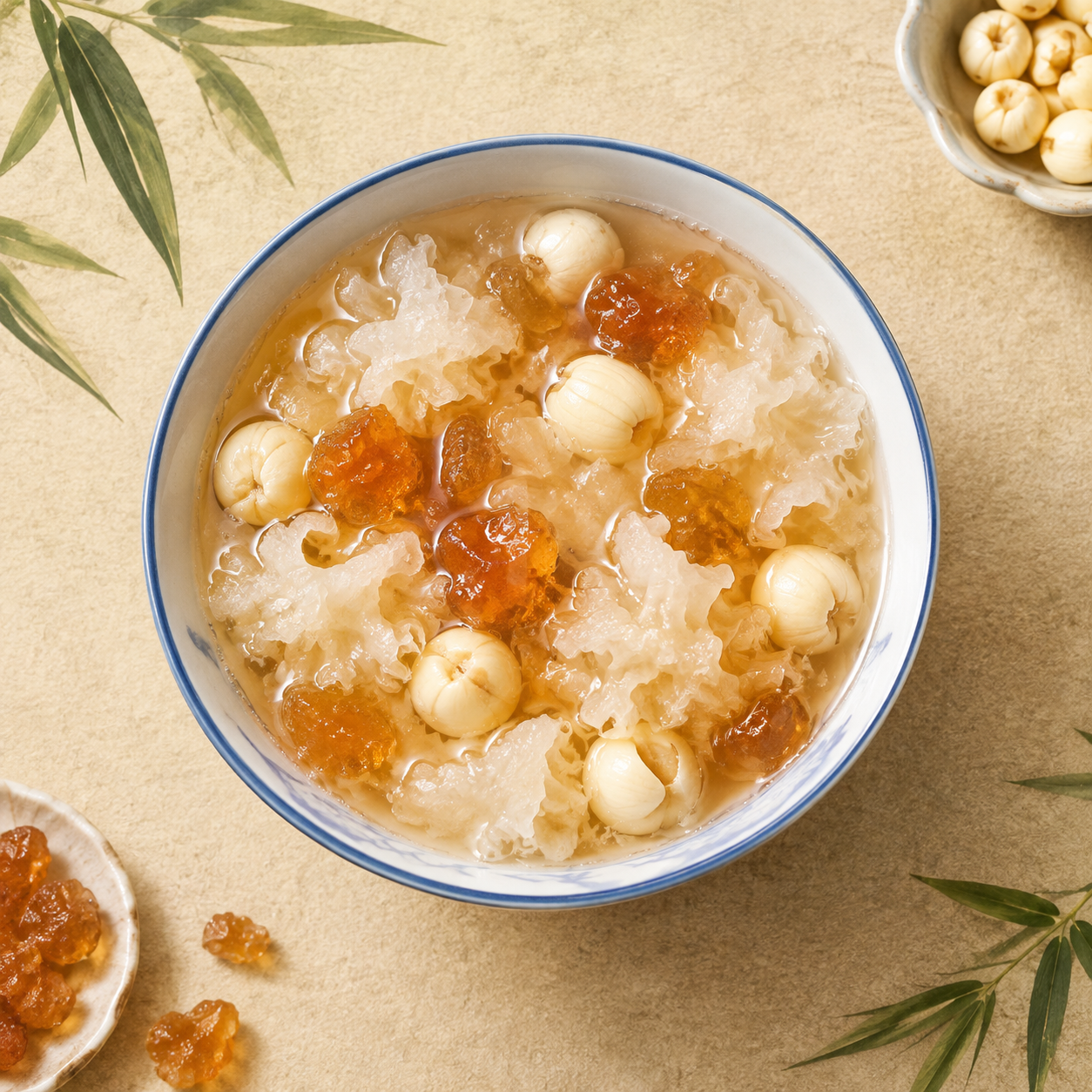 一碗精致的中式糖水甜品——银耳桃胶莲子，晶莹剔透的银耳羹搭配琥… - 图片创意预览