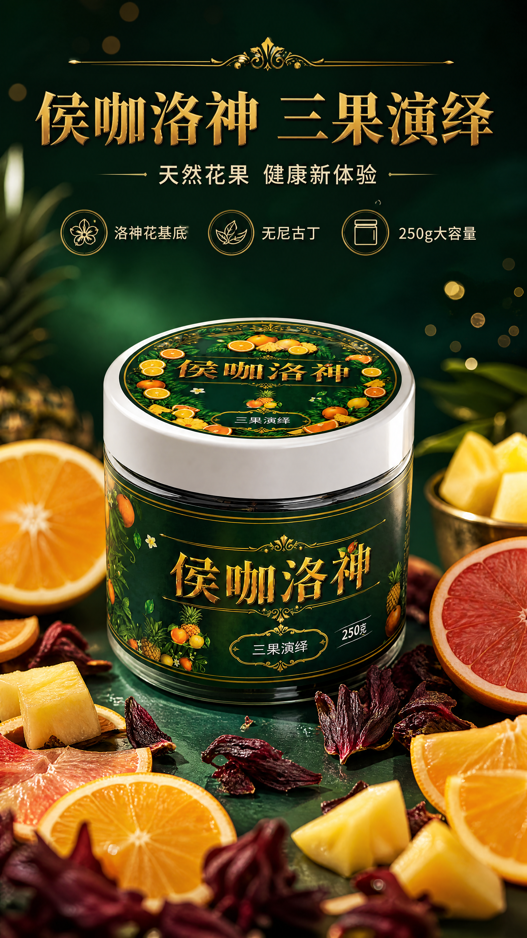 [商品] 使用【图1】侯咖洛神三果演绎罐装产品；保留罐体深墨绿… - 图片创意预览