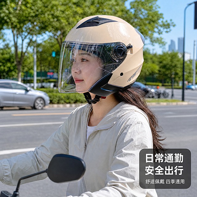[主图-4] 真实场景 城市道路骑行佩戴使用场景。
[统一基调] 专业品质 简洁大气 安全可靠。
[画面] 户外城市道路场景 一位年轻女性骑手佩戴这款奶白色头盔 骑在电动摩托车上 视角为侧面45度 人物只展示头部和上半身 头盔清晰可见 透明镜片放下 背景是城市街道和绿树 阳光明媚的白天 画面有真实的骑行氛围 人物面向前方 自然骑行姿态 头盔佩戴位置正确 系带系好。
[光影质感] 自然光摄影质感 阳光从侧上方照射 头盔表面有自然环境反光 人物皮肤质感真实 背景有轻微景深虚化 突出头盔主体。
[配色] 场景自然色彩 蓝天绿树 柏油路面 头盔奶白色在场景中醒目 整体色调明亮清新。
[文字版式] 画面右下角有半透明深色圆角卡片 内有白色文字"日常通勤 安全出行" 主标题粗体 下方小号辅助文字"舒适佩戴 四季通用" 文字不遮挡头盔主体。
[输出要求] 1:1正方形 2048x2048像素 场景真实自然 头盔外观与产品图一致 佩戴合理 无水印 无平台Logo 负向 人物面部扭曲 肢体变形 头盔变形 穿模。