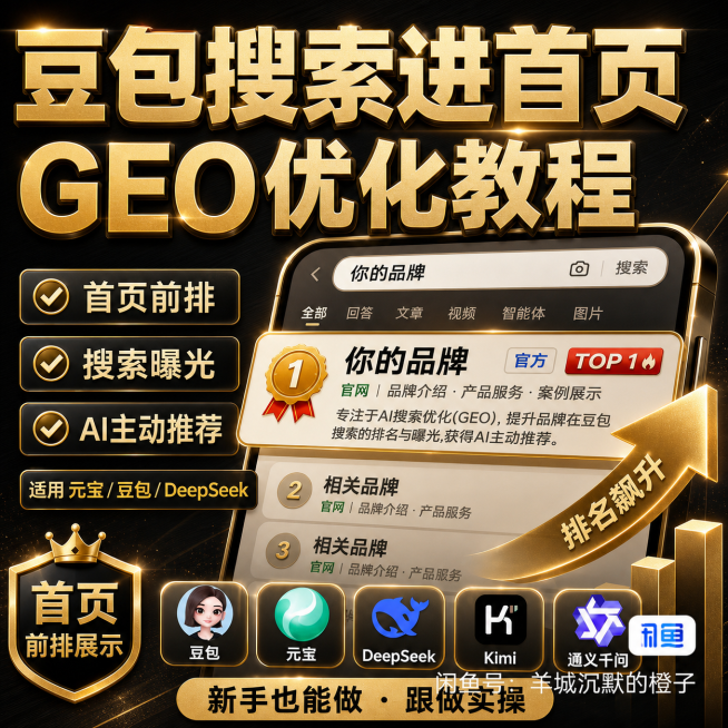 将这张豆包搜索GEO优化教程宣传海报改为黑金商务风风格，保留所有文字内容、图标和排版结构，更换整体视觉为黑底金字高级商务质感预览效果