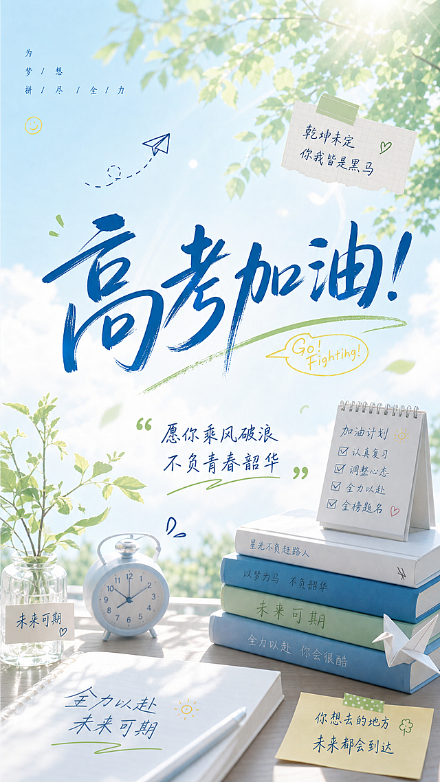 高考加油海报，小清新风格，符合当代流行趋势，不露俗套，高度39cm宽度18cm，支持导出psd格式分层文件