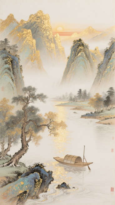鎏金山水背景，日出，山峰，水流，泛舟，古树，大面积留白预览效果
