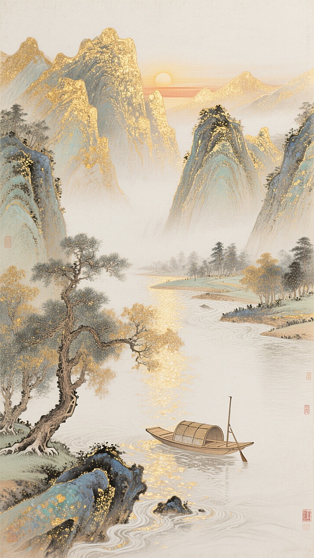 鎏金山水背景，日出，山峰，水流，泛舟，古树，大面积留白