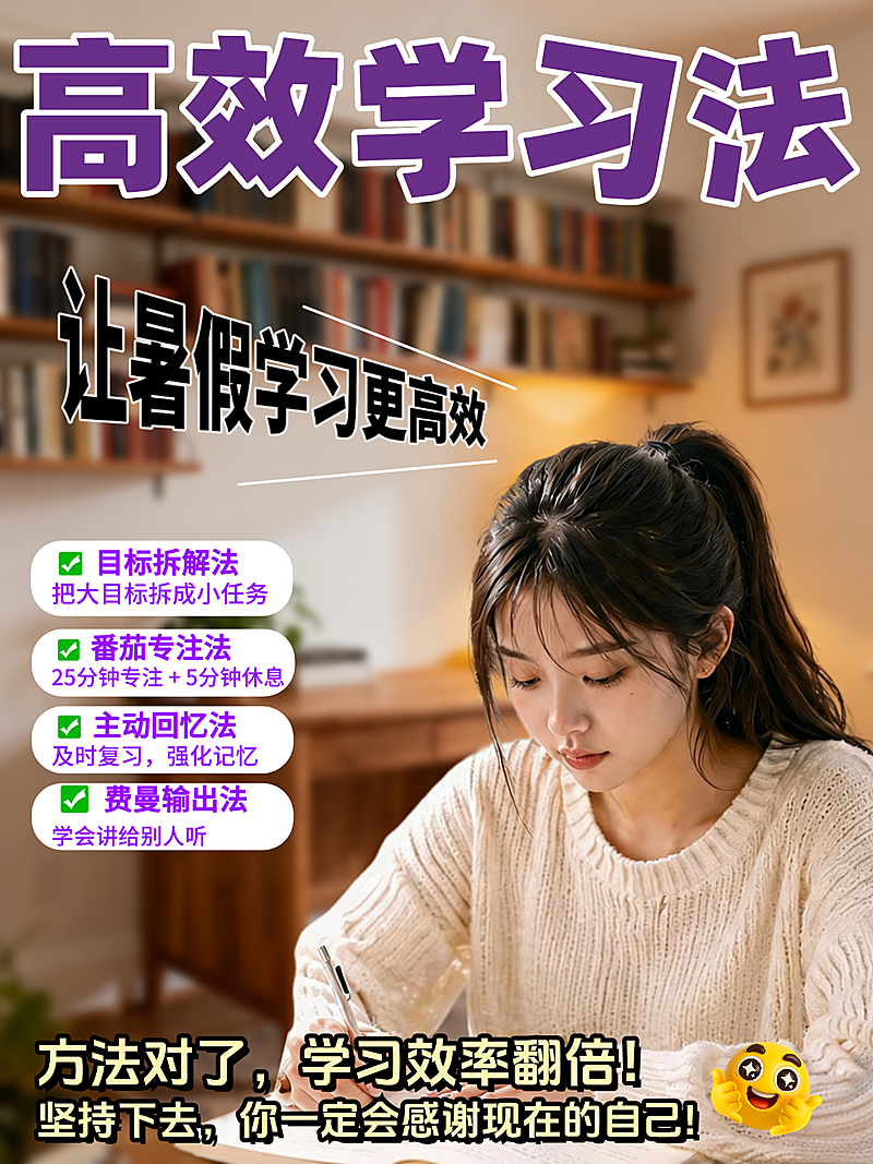 暑假高效学习法知识干货分享真人大字风小红书封面