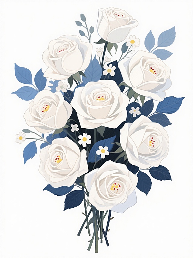 一束由多朵盛开的白色玫瑰花组成的垂直花束，搭配深浅不一的蓝色叶子和白色小花作为点缀，花朵层次分明，花瓣边缘柔和，花蕊呈黄色点缀着细小的红色斑点，整体构图呈现自然垂落的姿态，背景为纯白色，画面清新雅致，细节丰富，具有手绘插画的细腻质感和柔和色彩过渡。