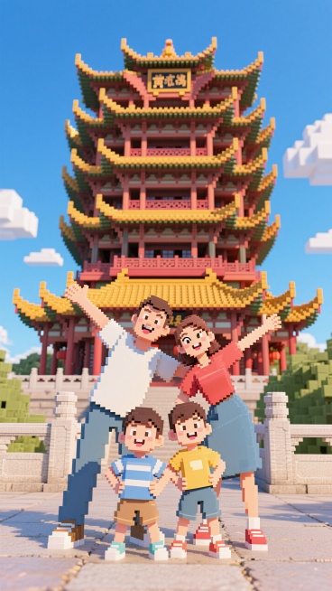 一家四口摆着搞怪的姿势在黄鹤楼前合照，蓝天白云预览效果