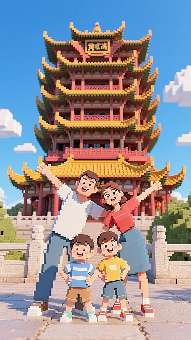 一家四口摆着搞怪的姿势在黄鹤楼前合照，蓝天白云