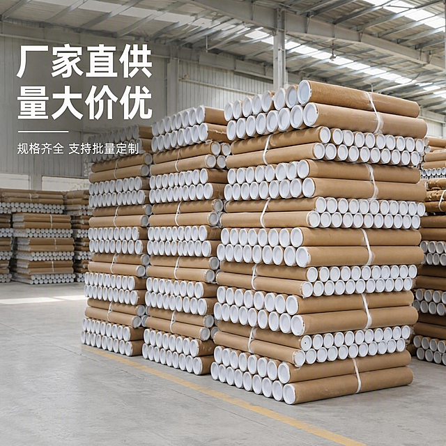 1:1正方形电商主图，稳重质感商务风，原木质朴工业质感，高清写实画质；画面主体为整洁明亮的工业仓库内，整齐码放的成垛带白色塑料密封端盖的牛皮纸管，还原整捆堆叠、白色绑带捆扎的产品形态，严格还原产品堆放样式、管壁颜色、纸层纹理、端盖样式、捆扎细节等所有细节，产品支持按需定制尺寸；背景为开阔的仓储空间，顶部自然光洒落，营造专业大厂的供货氛围；全程使用免费商用无版权字体，画面左侧用左对齐极简排版的无衬线文字做主标题“厂家直供 量大价优”，底部搭配小字副标题“规格齐全 支持批量定制”；仓储场景真实有说服力，传递供货实力与性价比，产品整体露出约占画面2/3，风格统一。