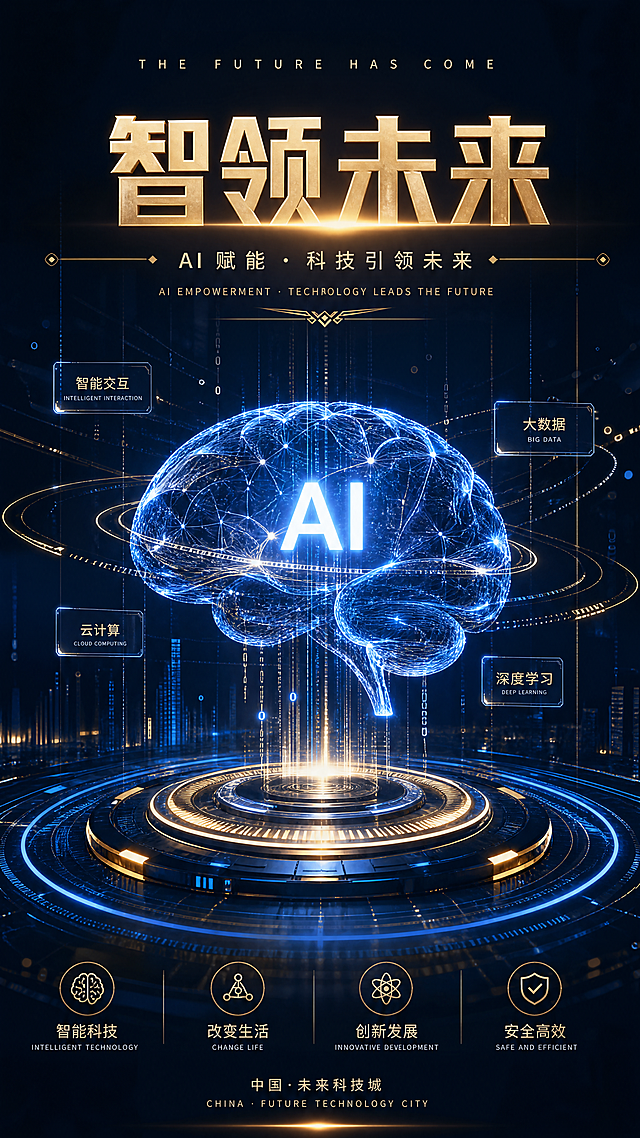 未来科技主视觉海报，深蓝鎏金科技光效，粒子线条，极简高端，AI智能大脑元素，大数据信息流，未来感商务，4K高清，居中排版，科技感爆棚