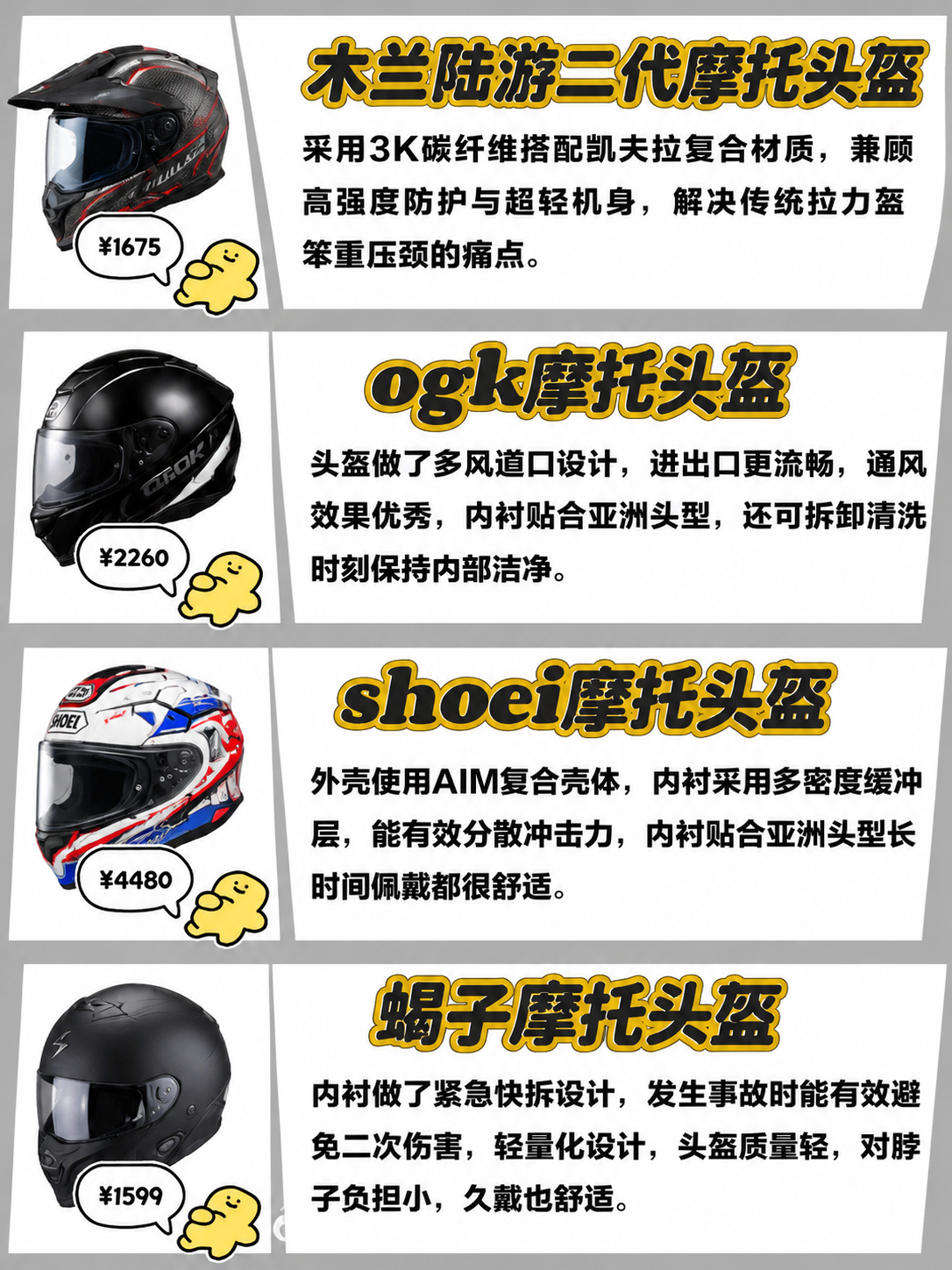 模仿参考图的版式和风格，生成一张摩托车头盔推荐信息图，共4个横… - 图片创意预览