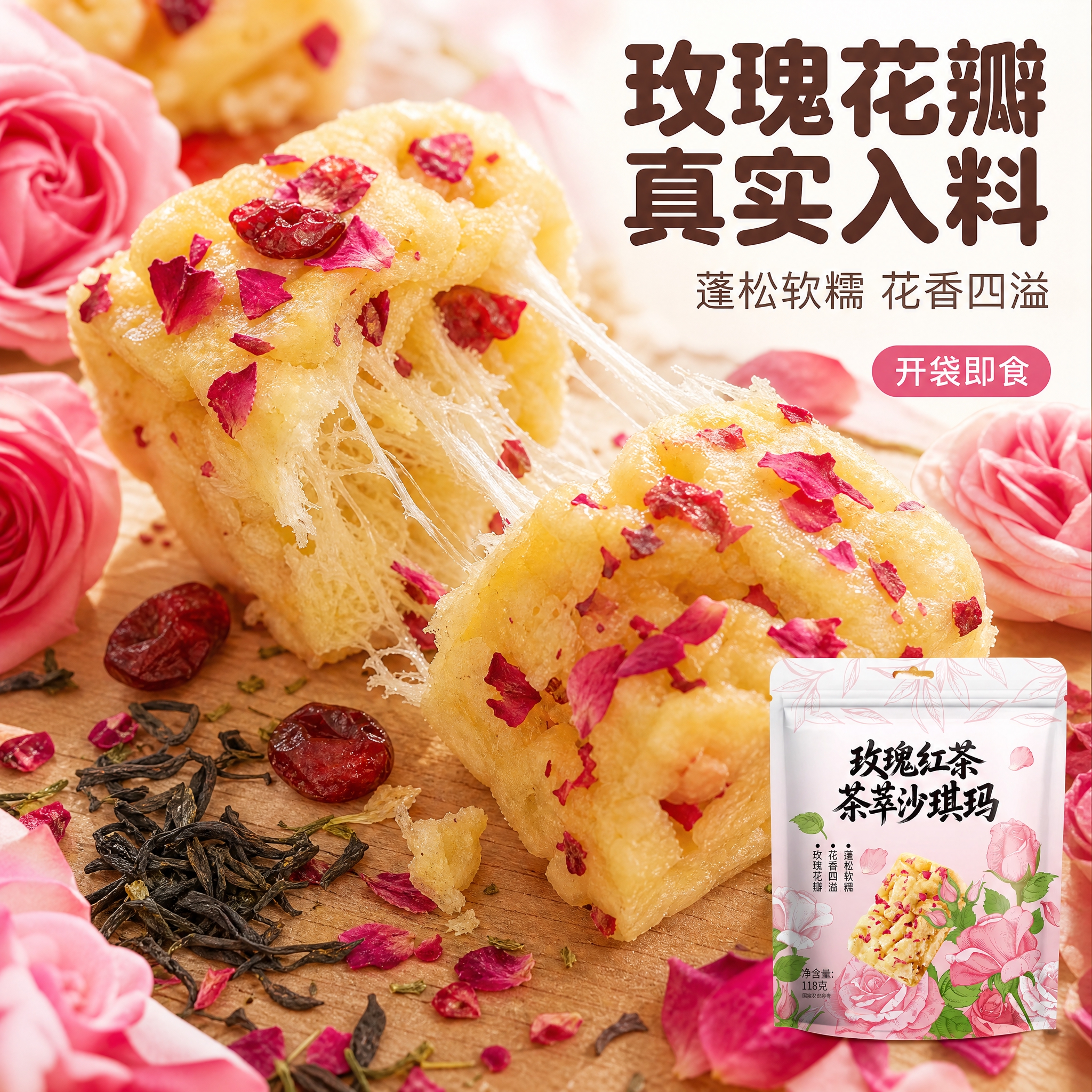 [主图-3] 成分与质地微距：玫瑰花瓣真实入料，放大沙琪玛蓬松… - 图片创意预览