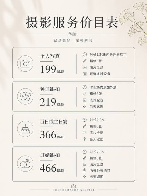 浅色系简约韩系风摄影价目表海报，整体风格干净简约，浅米白背景，搭配细黑线简约排版。内容完整包含以下文字：
个人写真 "199RMB"，包含 时长1.5-2h内景外景均可，精修6张，底片全送，可选多种设预览效果