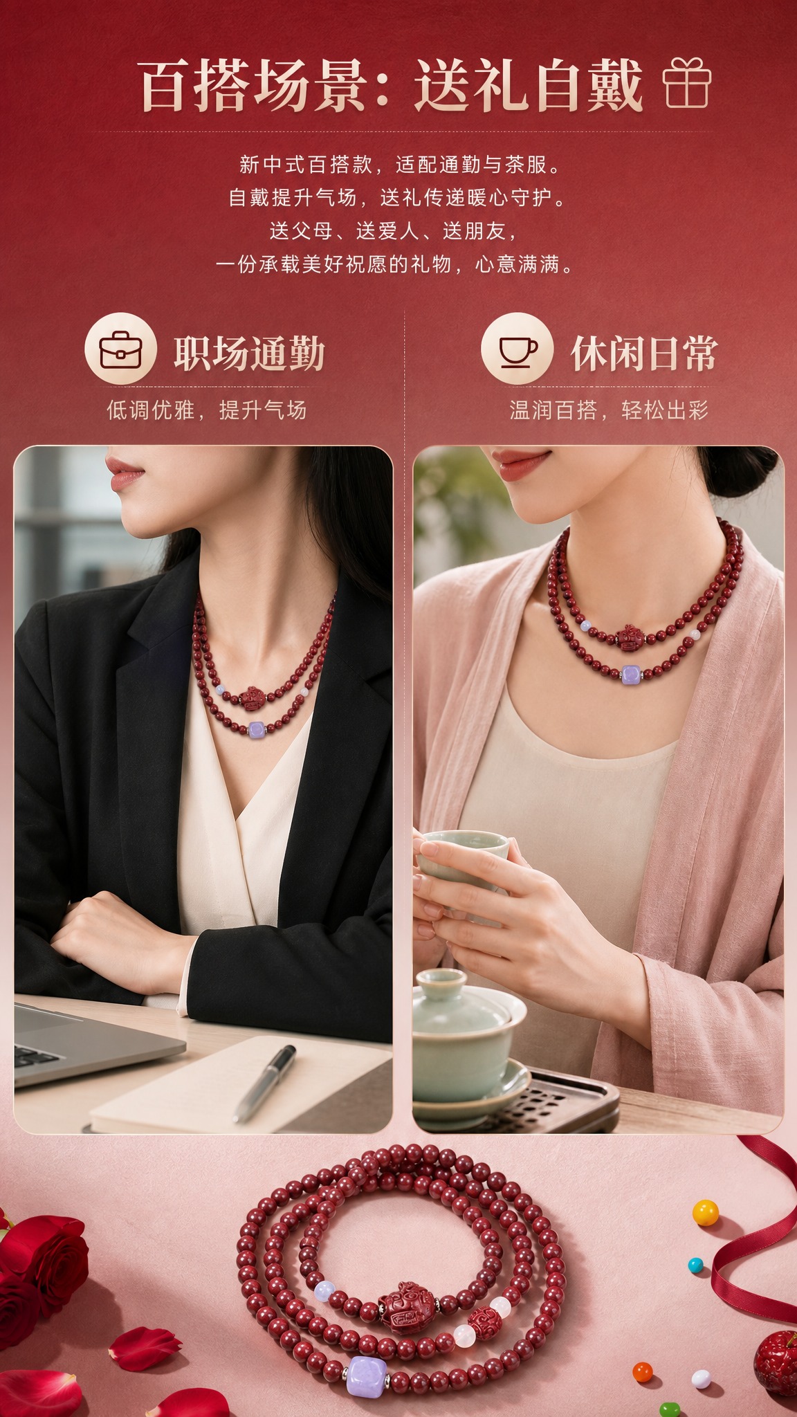 电商详情页卖点图，百搭场景卖点，9:16竖版，高级酒红到裸粉渐… - 图片创意预览