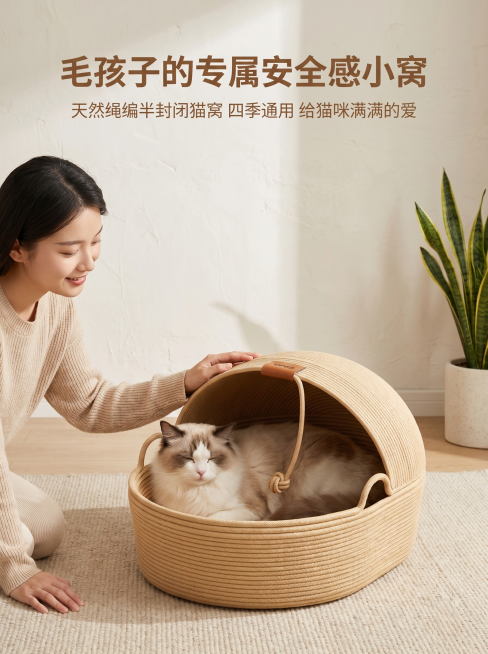 1.5:2 竖版电商详情页，严格还原上传的天然绳编半封闭猫窝，浅卡其色绳编、半封闭穹顶、顶部棕色皮质标、绳结装饰、两侧提手，外观、配色、材质完全一致，保持哑光绳编天然肌理。侘寂风极简客厅，柔和自然光，预览效果