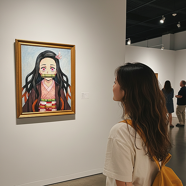 斜拍背面视角，在一个艺术展厅里，参考图人物在欣赏墙上挂着的一幅画，画中是动漫角色弥豆子，远处有其他参观的人，画面是明亮射灯营造的自然氛围。