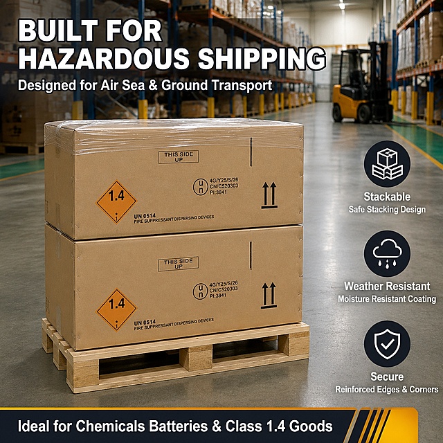 Amazon main image 4, logistics and transport application scene. Modern warehouse interior background with concrete floor, metal shelving units softly out of focus in background, green epoxy floor accents. Foreground: two dangerous goods shipping cartons stacked on a wooden pallet, wrapped slightly with clear stretch film on top, keep carton appearance and UN markings consistent with input product image. A forklift is partially visible in the background aisle, slightly blurred. Top left: large bold title "BUILT FOR HAZARDOUS SHIPPING" in white with dark outline, subtitle below "Designed for Air Sea & Ground Transport". Right side: 3 vertical feature icons with text: 1) Stackable - "Safe Stacking Design", 2) Weather Resistant - "Moisture Resistant Coating", 3) Secure - "Reinforced Edges & Corners". Bottom bar: "Ideal for Chemicals Batteries & Class 1.4 Goods". Industrial commercial photography style, natural warehouse lighting from overhead fixtures, realistic depth of field. 1:1 ratio, all text in English, crisp and readable. Negative: deformed cartons, Chinese text, watermark, people faces, messy warehouse.